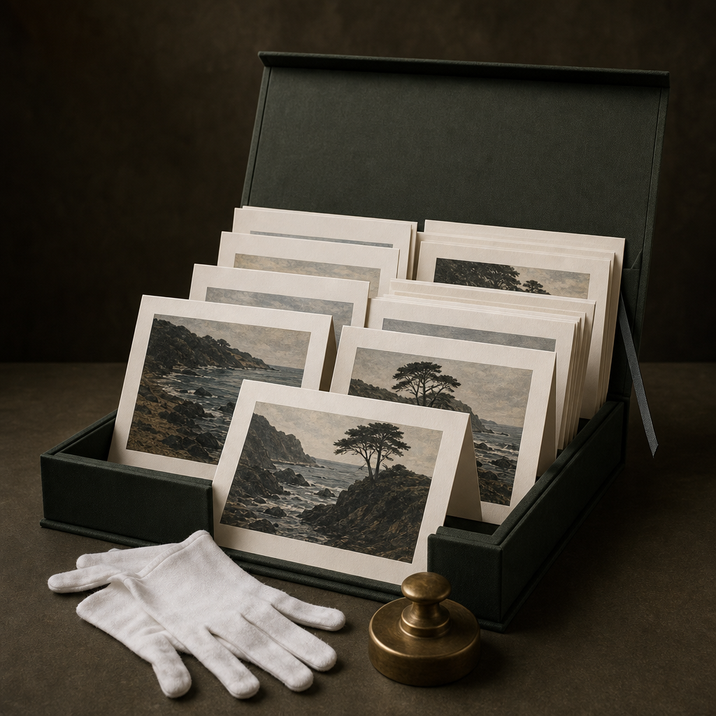 A collection of fine-art prints carefully arranged in a presentation box