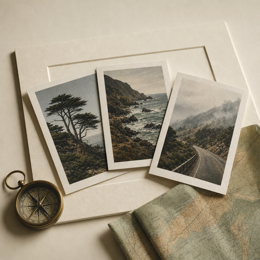 Several fine-art prints arranged beneath a frame with a compass