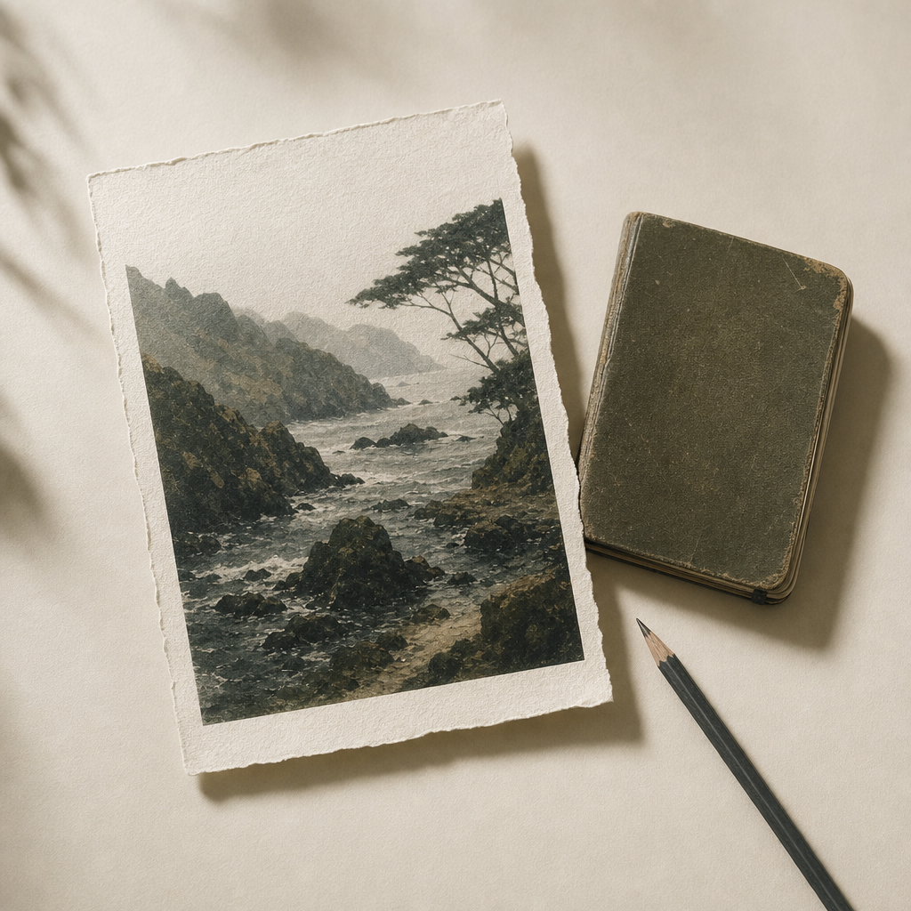 A travel-inspired fine-art print presented on textured paper beside a vintage notebook and pencil