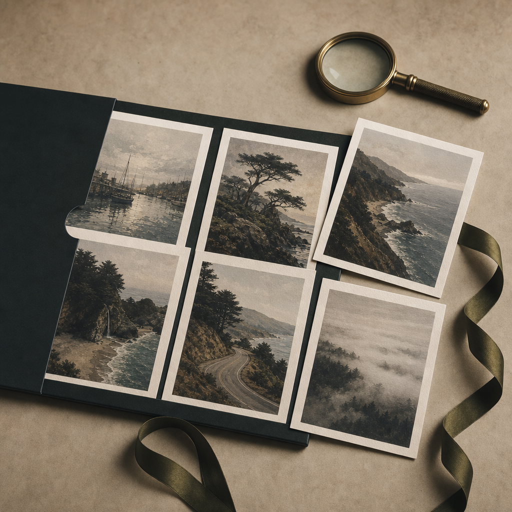 Multiple travel-inspired prints gathered in a dark folio with ribbon