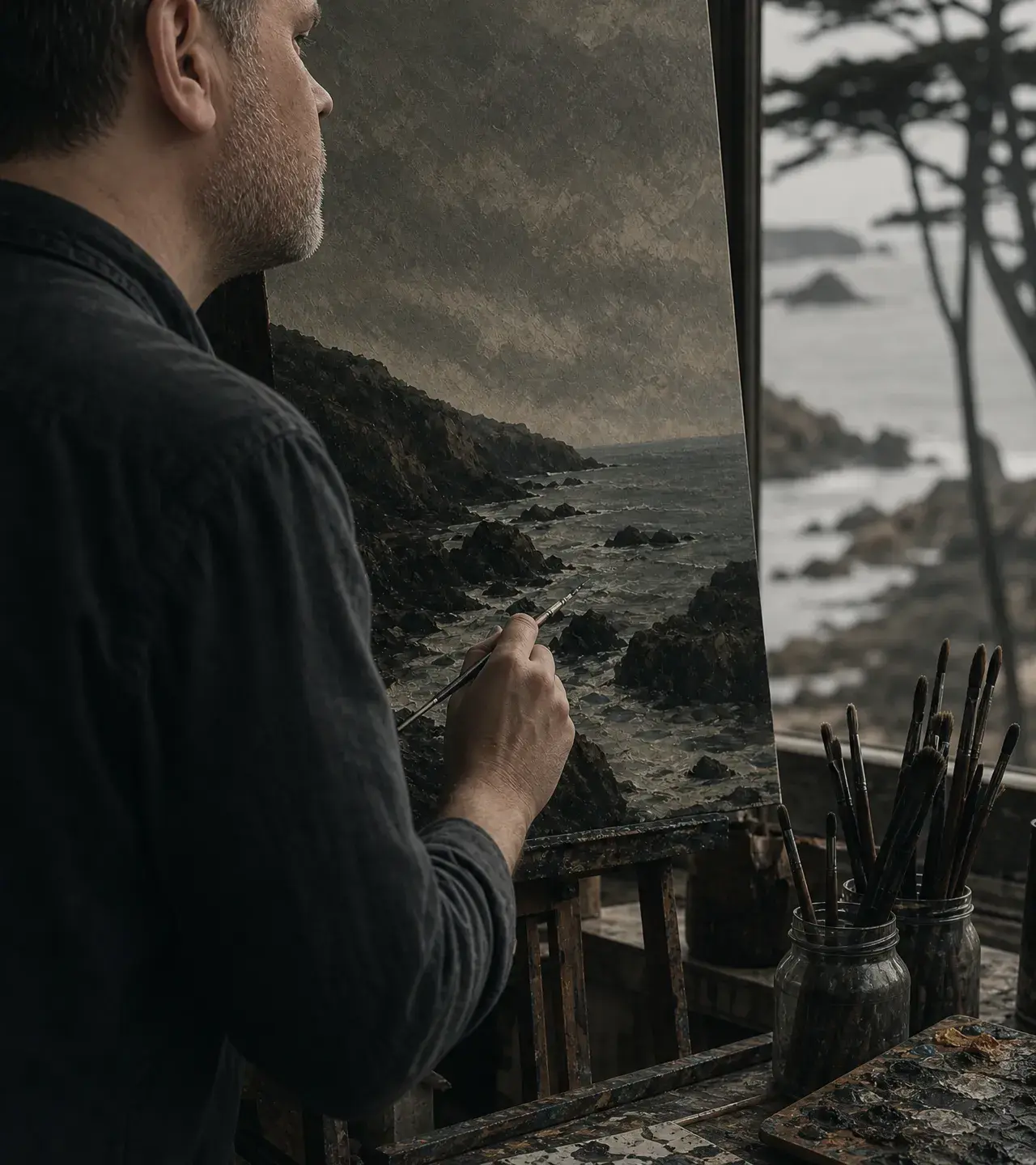The artist painting a coastal landscape in the studio