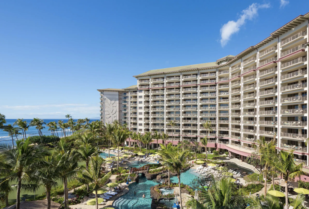Hyatt Vacation Club at Ka'anapali Beach above its pools and the ocean